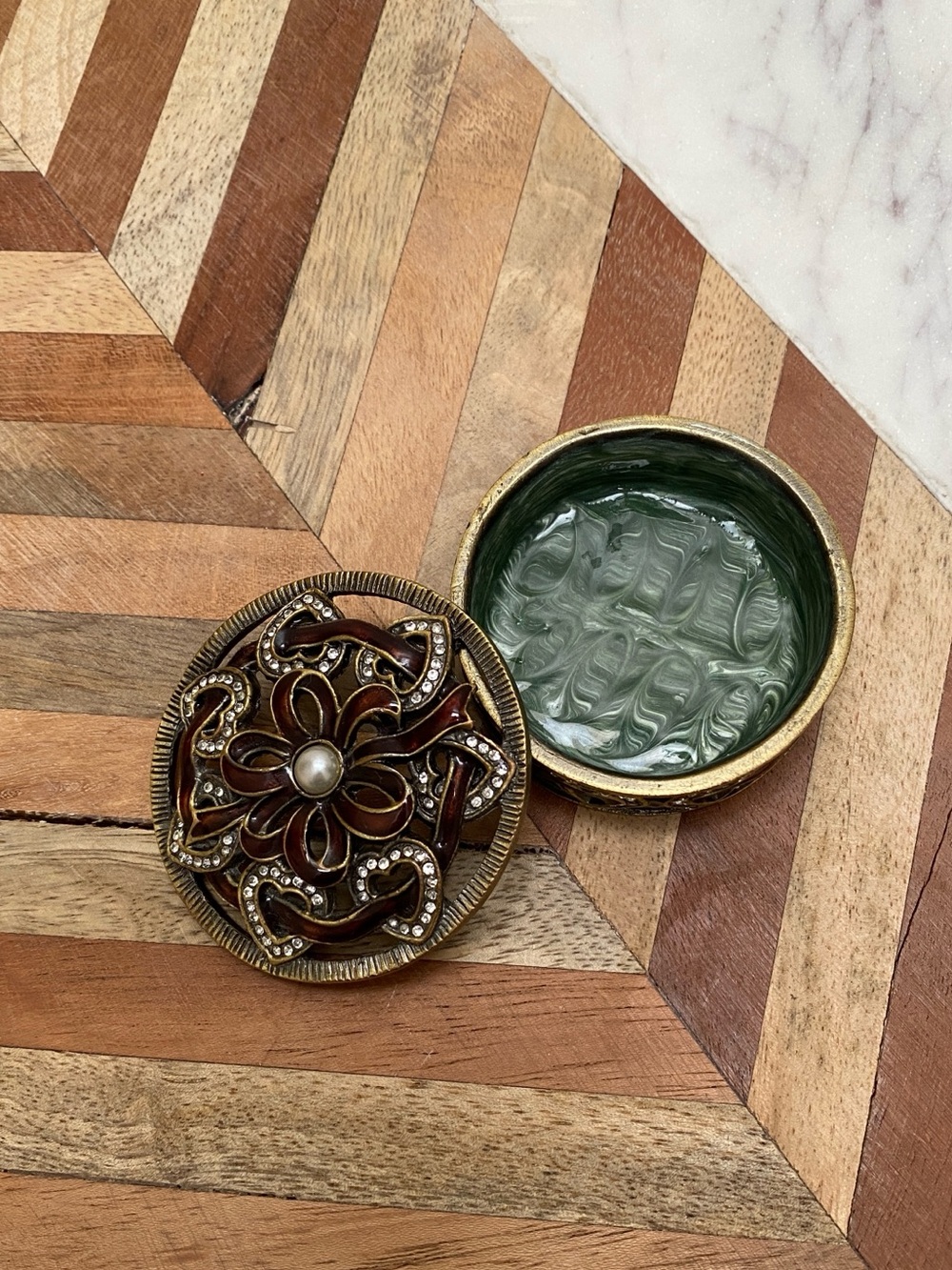 Vintage - Decorative Brass Trinket Box with Olive Green Interior